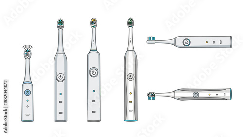 Various models and views of modern electric toothbrushes in white with different brush heads for dental hygiene and oral care.