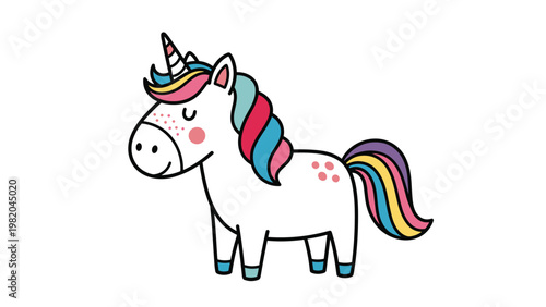 Whimsical cartoon unicorn with a rainbow colored mane and tail standing on a white background for children's fantasy themes.