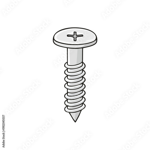 Close up of a single silver metal screw with a pointed tip and a cross head