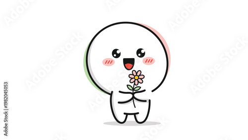 Cute and simple cartoon character with a large round head holding a small pink flower with a joyful expression.