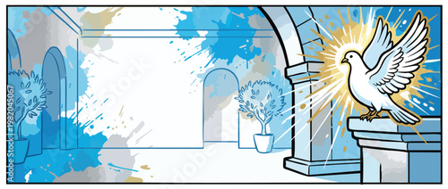 White Dove with Radiant Light in a Peaceful Sacred Atmosphere Courtyard