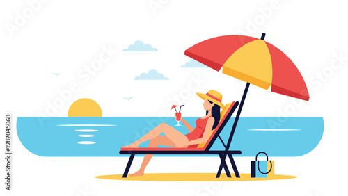 Peaceful scene of a woman relaxing on a beach lounge chair under a sun umbrella while watching the sunset over the ocean.