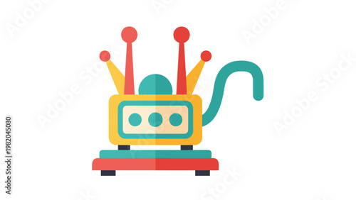 Abstract and colorful futuristic machine or gadget illustration with antennas and buttons in a stylized flat design.