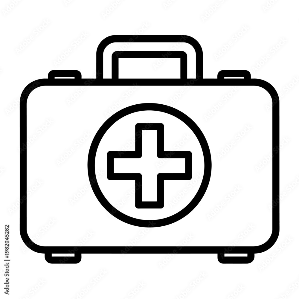Obraz premium First-Aid Kit Vector Icon - Minimalist Emergency Medical Box Illustration for Healthcare, Safety, and First Response. Modern Black and White Line Art Symbol of Medical Assistance.