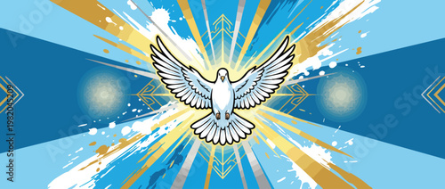 White Dove with Radiant Light on a Blue and Gold Abstract Background
