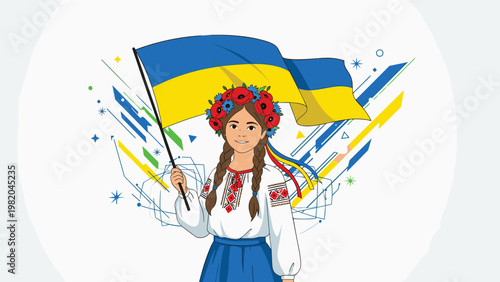 Young girl in traditional Ukrainian folk dress holding the national flag of Ukraine with colorful decorative background elements.