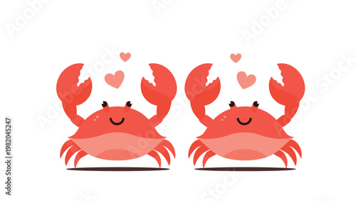 Two cute smiling cartoon crabs with heart symbols floating above them on a white background representing love and friendship.