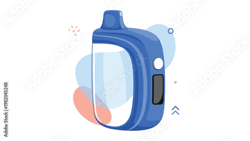 Portable blue and white medical electronic device for respiratory care and breathing treatment set against abstract background shapes.