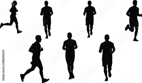 Elegant fashion apparel silhouette set, featuring seven black vector icons of evening gowns, formal suits, winter coats, and stylish hats isolated on white.