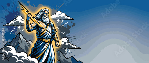 Zeus God Figure with Lightning Bolt Amid Storm Clouds and Mountain Landscape