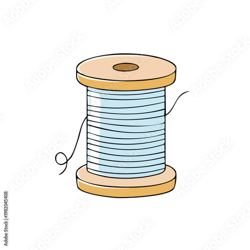 Hand-drawn illustration of a light blue thread spool with wooden ends and a loose strand