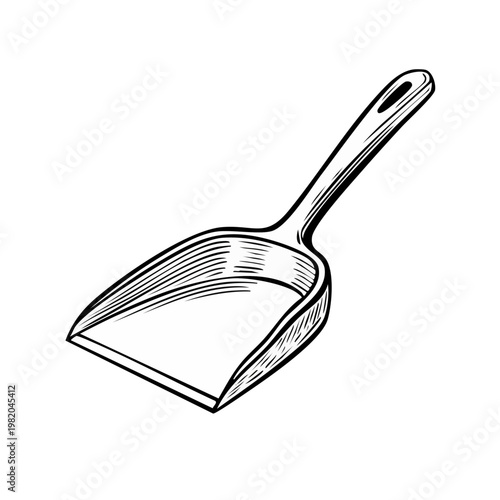 Hand drawn sketch of a dustpan and brush isolated on white background. Simple cleaning tool illustration.