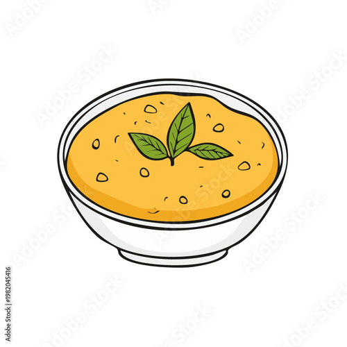 Hand drawn illustration of a bowl of hearty soup garnished with fresh green basil leaves