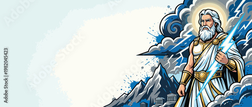 Zeus God Holding Lightning Bolt with Storm Clouds and Mountains Background