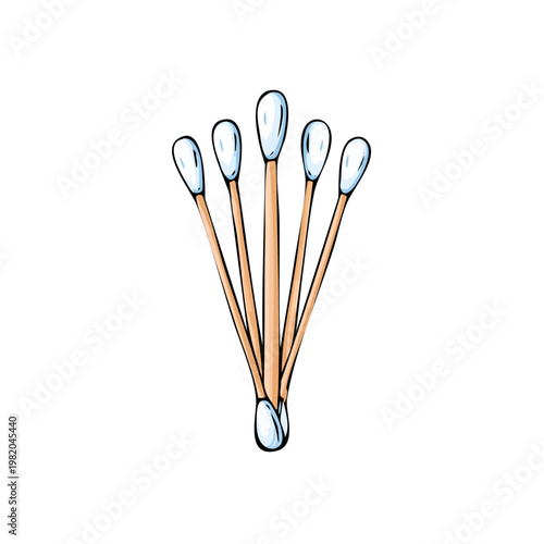 Cluster of Five Cotton Swabs with Wooden Sticks and White Cotton Tips
