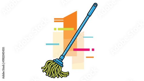 Blue floor mop with a bright yellow yarn head against a colorful geometric background for household cleaning and maintenance tasks.