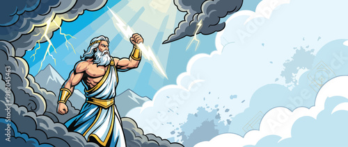 Zeus God Holding Lightning Bolt with Stormy Clouds and Mountain Background
