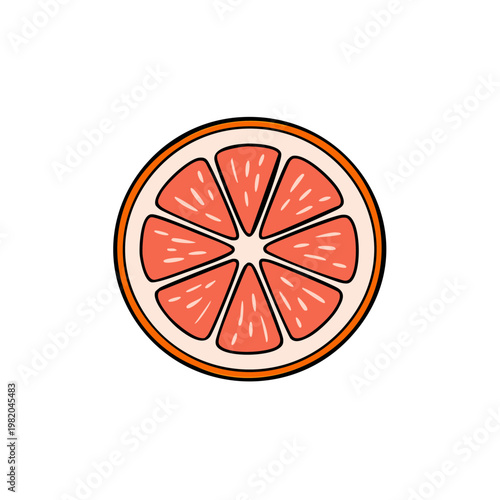 Stylized cross section of a vibrant grapefruit with segmented pulp and rind illustration