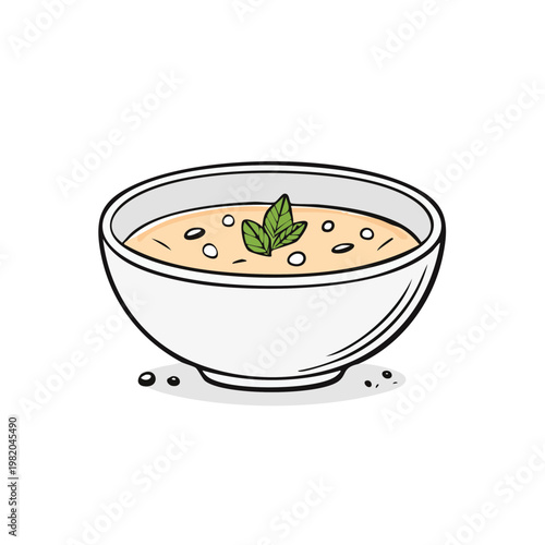 Hand drawn illustration of a bowl of creamy soup garnished with herbs and spices