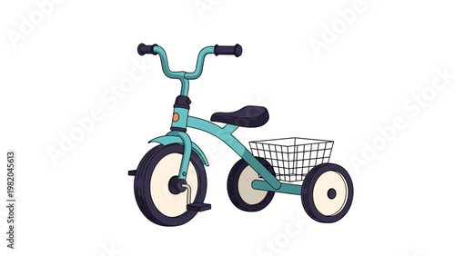 Child's three-wheeled tricycle in a light blue color featuring a white basket and black seat designed for outdoor play and development.