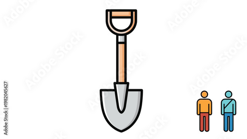 Illustration of a metal garden shovel with a wooden handle shown alongside two small stick figure icons representing a person and worker.