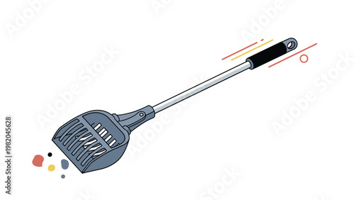 Long handled plastic pet litter scoop designed for cleaning waste from a cat's litter box shown as a functional household maintenance tool.