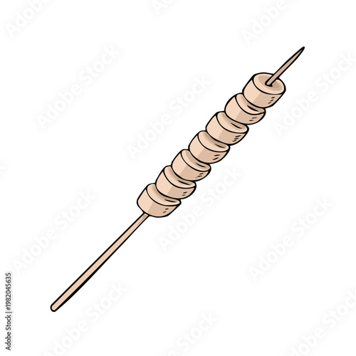 Hand drawn illustration of a sausage on a skewer isolated on white