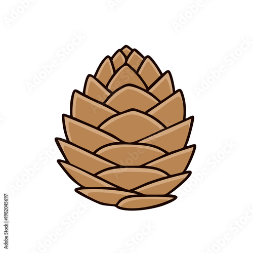 Brown pinecone illustration with layered scales and outline in a simple flat design style