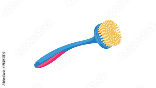 Blue plastic bath brush with a long handle and soft circular bristles used for body cleaning and exfoliation during a shower or bath.