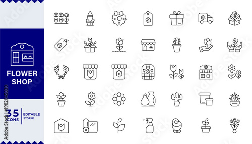 Charming flower shop icon set modern floral store, bouquet service and botanical retail concept visual,Editable Icons set