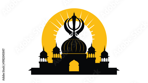 Sikh temple silhouette with golden sun.