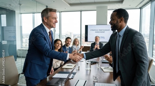Two business professionals shake hands in a modern conference room. A diverse group of colleagues observes the handshake, indicating a strategic partnership agreement.