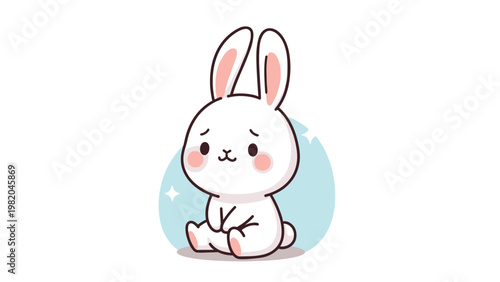 Cute and sad little white rabbit character with long ears and rosy cheeks sitting alone on a white background in a soft cartoon style.