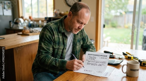 A man is carefully reviewing a maintenance invoice at a kitchen table. He is writing notes on the invoice with a pen and using a calculator.