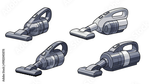 Collection of four different portable handheld vacuum cleaner models in isometric view for household cleaning.