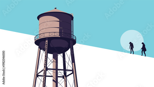 Industrial water tower structure standing against a blue sky with two human silhouettes walking on a white hill.