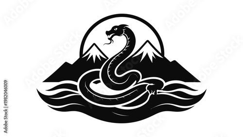 Serpent rising from water with mountains.