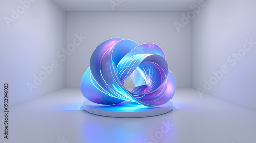 Abstract Futuristic Sculpture With Neon Lights In A White Minimalist Gallery Space