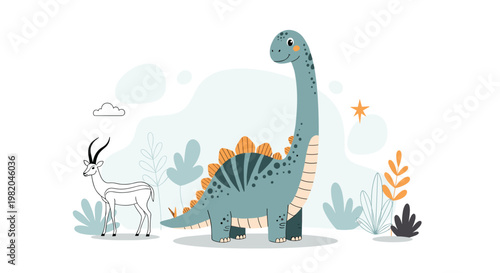 Cute long neck dinosaur with small antelope in a prehistoric landscape with plants and stars in flat cartoon style.