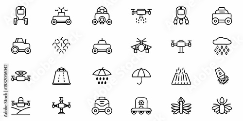 A set of modern line art icons depicting various agricultural and farming tools and vehicles