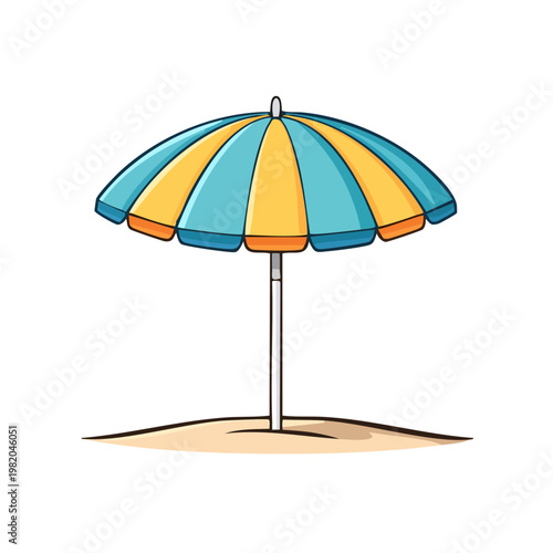 Colorful striped beach umbrella providing shade on a sunny sandy shore