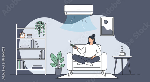 Woman relaxing on an armchair in a cozy living room using a remote control to adjust the wall mounted air conditioner.