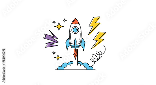 Colorful rocket ship taking off into space with lightning bolts stars and clouds in a flat vector illustration style.