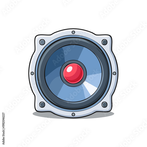 Close up of a cartoon speaker cone with a red center and silver frame