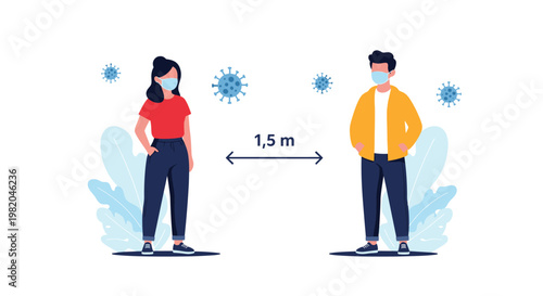 Man and woman wearing face masks and maintaining a safe social distance of one point five meters during a pandemic.