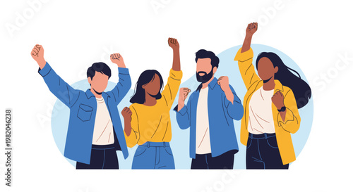 Group of diverse and excited young people standing together with raised fists celebrating a common goal or victory.