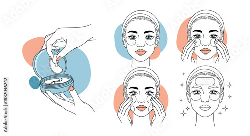 Informative skincare illustration showing the steps for applying cooling eye patches to a female face for treatment.