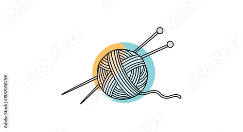 Ball of wool yarn with two knitting needles isolated on a white background with a decorative blue and yellow circle.