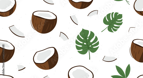 Tropical seamless pattern featuring halved coconuts and green monstera leaves on a clean white background for summer themes.