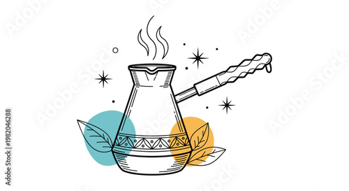 Traditional turkish coffee pot cezve with steam and sparkling stars on a minimalist background with color shapes.